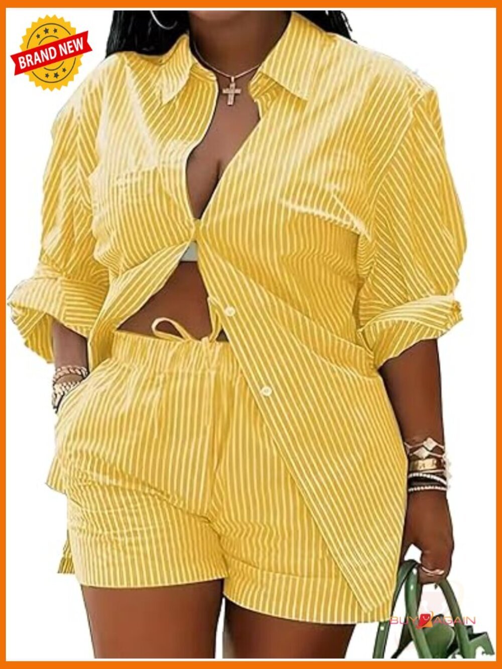 2 Piece Long Sleeve Shirt & Lace-Up Shorts Set with Pockets